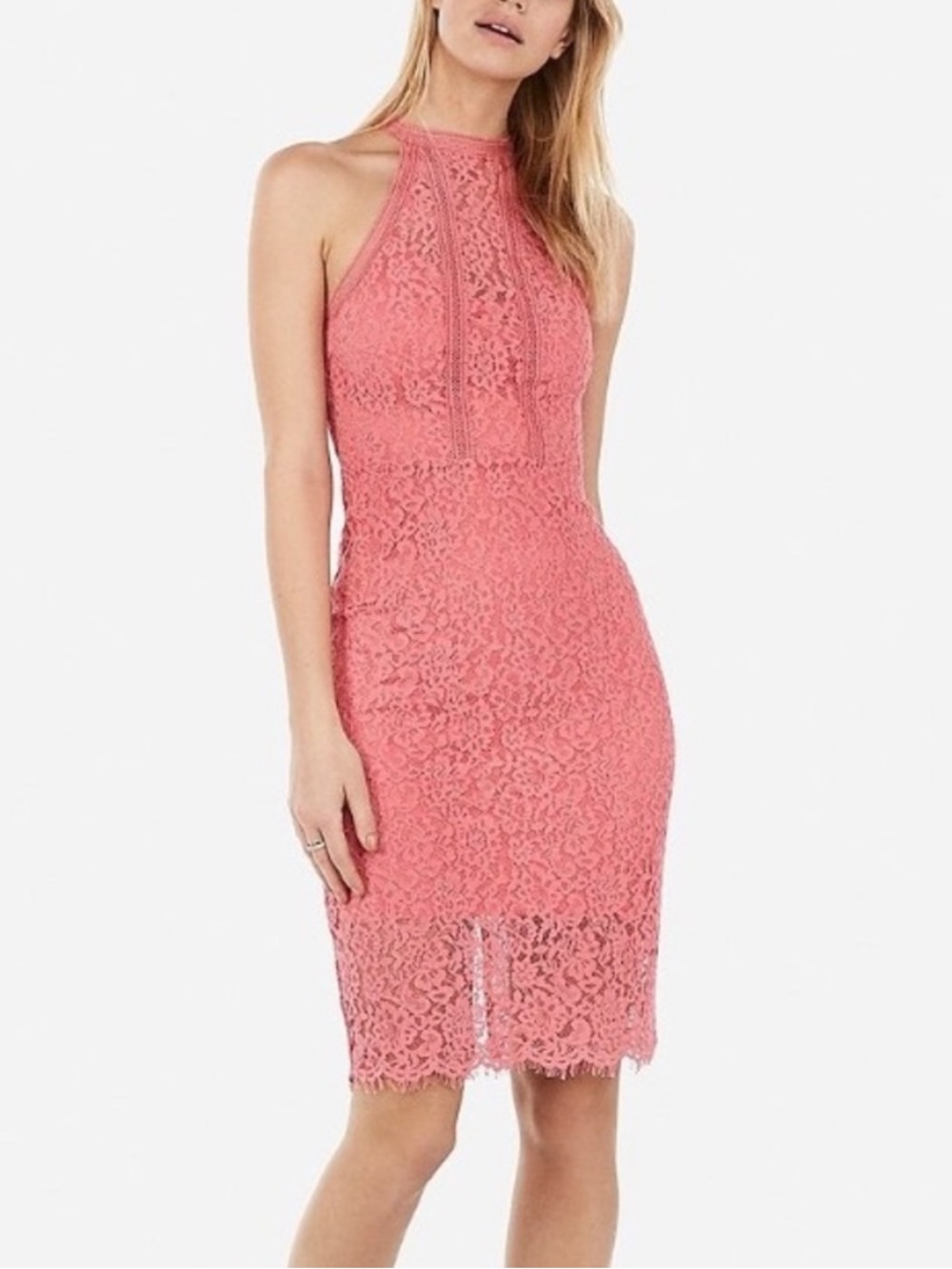 Express Coral Pink Halter Lace Midi Dress